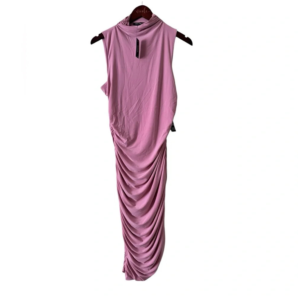 NWT Express Body Contour Mock Neck Ruched Asymmetrical Midi Dress Pink S Medium - Picture 2 of 5